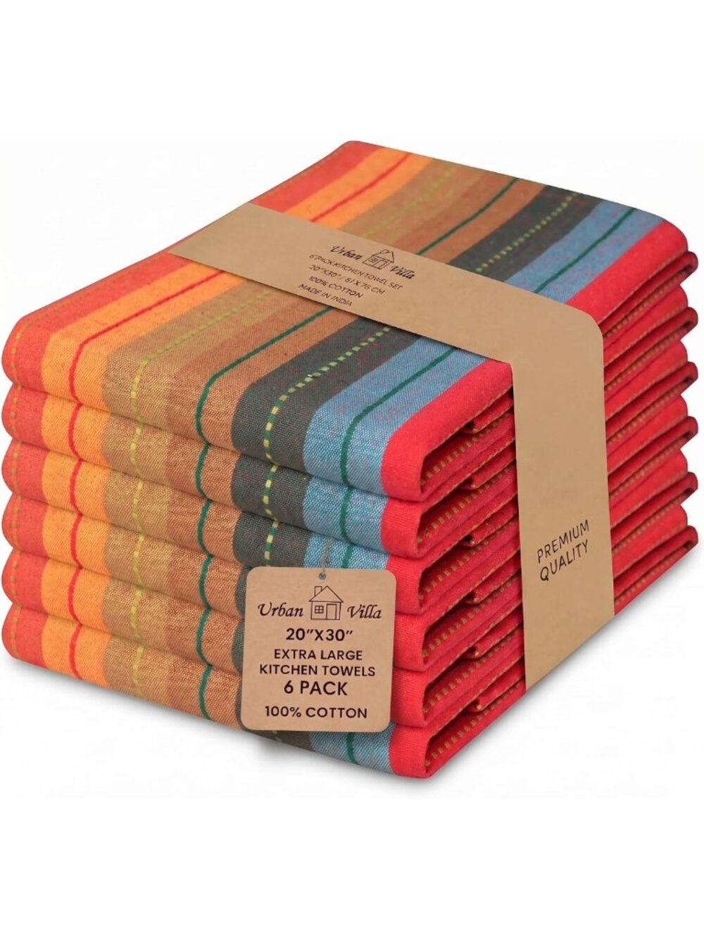 Set of 6 Highly Absorbent 100% Cotton Kitchen Towels - Perfect for Drying